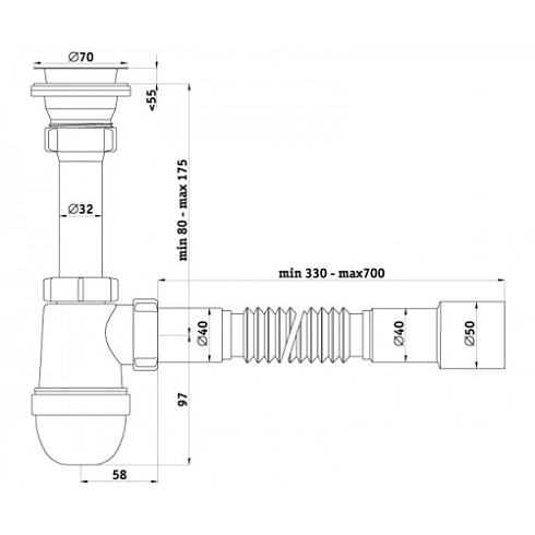 S0115 Сифон для умывальника 1½"х40 с гофротрубой 40х40-50