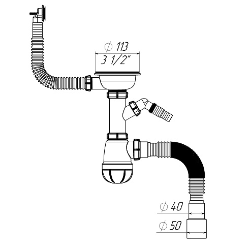 B0140 Сифон для мойки 3½"х40 с круглым переливом, отводом для стир. маш. и гофротрубой 40х40-50